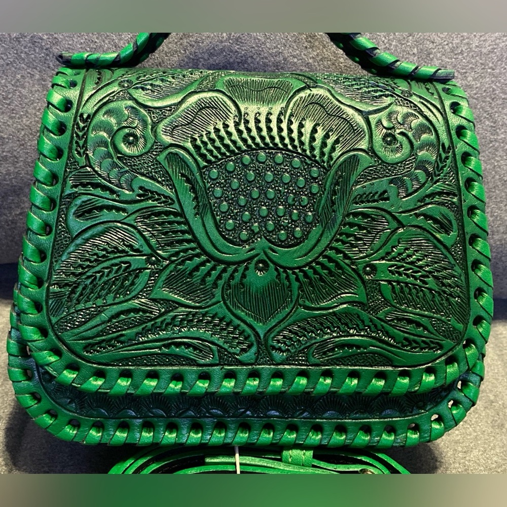 handmade genuine leather Luxury Shoulder Straps Tooled Handbag Green Purse - Picture 2 of 13